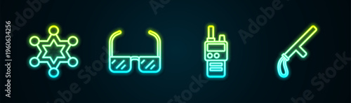 Set line Hexagram sheriff, Safety goggle glasses, Walkie talkie and Police rubber baton. Glowing neon icon. Vector