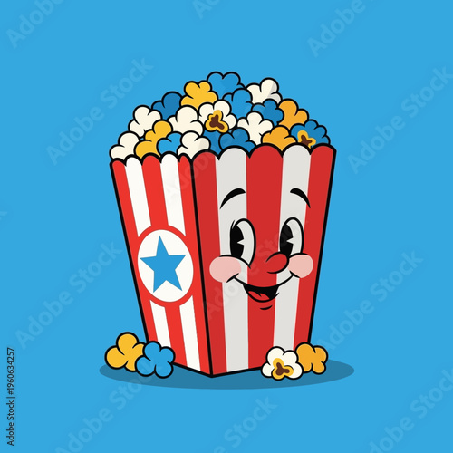 Happy Popcorn Character with Star, Cinema Snack, Movie Night Fun