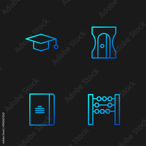 Set line Abacus, Spiral notebook, Graduation cap and Pencil sharpener. Gradient color icons. Vector