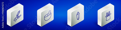 Set Isometric line Magic stone, Witch cauldron, and Magician hat and rabbit ears icon. Vector