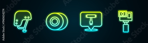 Set line Skateboard helmet, wheel, T tool and Action camera. Glowing neon icon. Vector