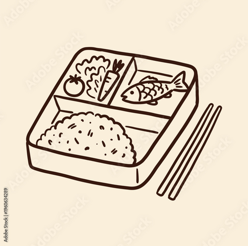 A Japanese bento box illustration contains compartments filled with rice, a whole fish, carrots, lettuce, and a tomato slice next to serving chopsticks.