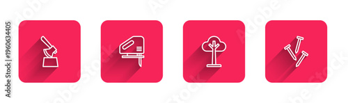 Set line Wooden axe in stump, Electric jigsaw, Tree and Metallic nails with long shadow. Red square button. Vector