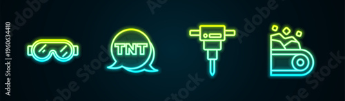 Set line Safety goggle glasses, Dynamite, Construction jackhammer and Conveyor belt carrying coal. Glowing neon icon. Vector