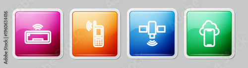 Set line Computer keyboard, Mobile with wi-fi wireless, Satellite and Cloud technology data. Colorful square button. Vector