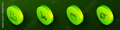 Set Isometric line Waterproof rubber boot, Lawn mower, Fresh grass in rectangular and Garden hose or fire hose icon. Vector