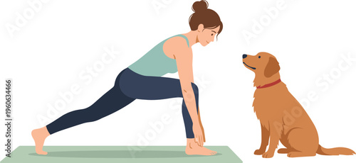 Woman practices yoga with dog on mat indoors facing each other