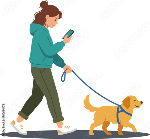 Woman walks dog while checking phone on city sidewalk path
