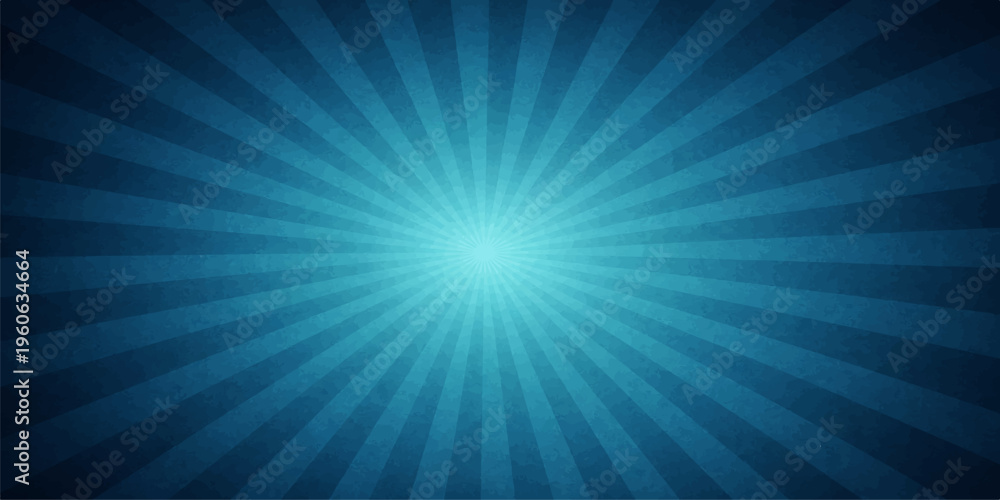 Fototapeta premium Bright blue sunburst background featuring a glowing starburst pattern with light rays and summer sunbeams shining through a vibrant vector sky illustration