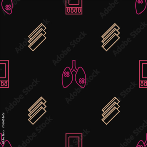 Set line Matchbox and matches, Cigarette rolling papers and Disease lungs on seamless pattern. Vector