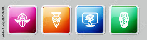 Set line Egyptian Scarab, vase, Eye of Horus and mummy in sarcophagus. Colorful square button. Vector