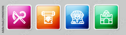 Set line Crook and flail, Eye of Horus on papyrus scroll, Sphinx and Egyptian house. Colorful square button. Vector