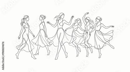 Elegant continuous line drawing of six women dancing in unison, showcasing grace and harmony