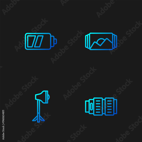 Set line Camera photo lens, Studio light bulb in softbox, Battery for camera and Photo frame. Gradient color icons. Vector