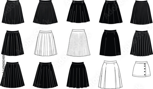 fashion, skirts, collection, technical, drawing, womens, apparel, flat, vector, illustration, clothing, design, template, outline, pleated, mini, midi, casual, elegant, style