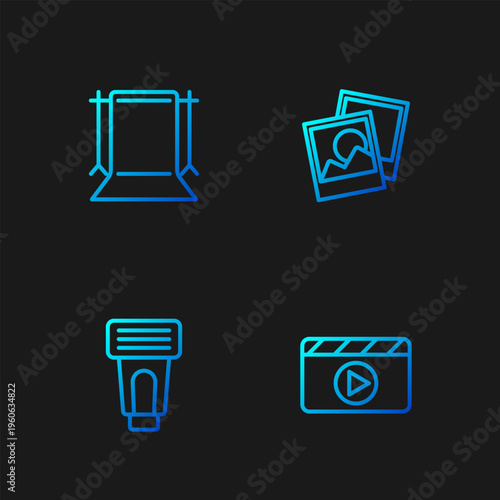 Set line Movie clapper, Photo camera flash, Empty photo studio and frame. Gradient color icons. Vector