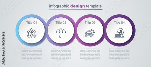 Set line House flood, Umbrella, Car accident and damaged by fallen tree. Business infographic template. Vector