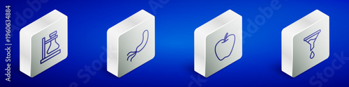 Set Isometric line Test tube flask on stand, Bacteria, Apple and Funnel or filter icon. Vector
