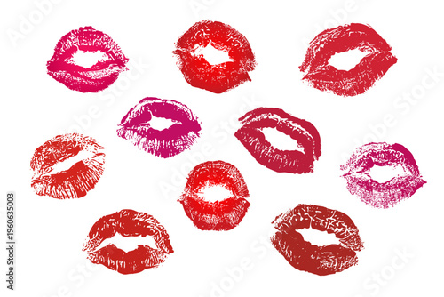 Kiss imprint lips set, traces of red women's lipstick. Holiday festive romantic relationship love decoration for Valentine's Day. Isolated. Vector illustration