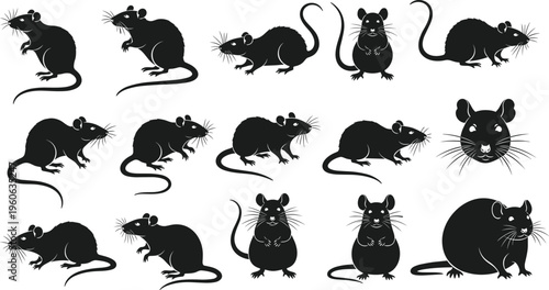 Rat And Mouse Silhouette Set Featuring Various Poses Like Sitting Standing And Profile Views For Rodent Pest Control Wildlife Nature And Chinese Zodiac Designs