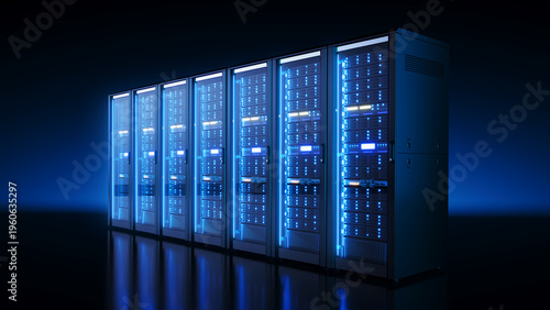Row of Server cabinets racks - Cloud Computing, Artificial Intelligence, Database Concept - 3d illustration