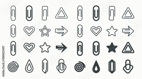 Assorted paperclip icons in various shapes and styles, including arrows, hearts, and stars, black and white