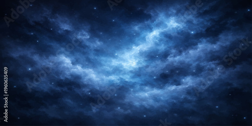A dramatic deep space blue sky features dark stormy clouds and a heavenly atmosphere filled with bright stars and summer light during a timelapse of nature