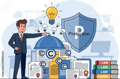 Intellectual property protection concept with businessman copyright documents patent law shield and creative idea vector illustration