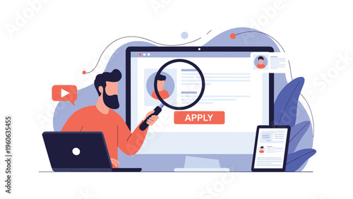 Recruitment specialist using a magnifying glass to search and evaluate candidate profiles on a job application website.
