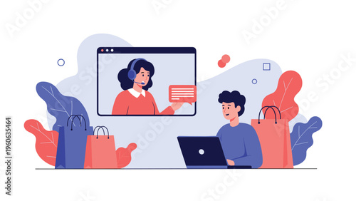 Online shopper using a laptop to communicate with a customer service representative via video call while surrounded by bags.