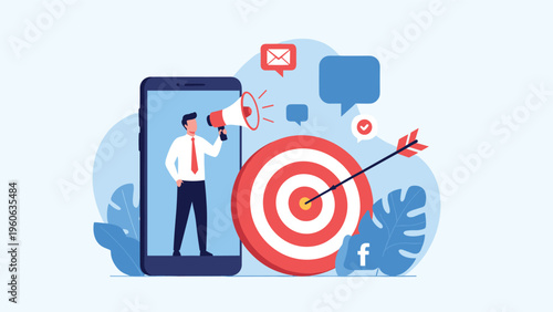 Digital marketing specialist using megaphone on mobile screen to reach target audience and achieve business goals in social media.