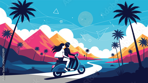 Young couple enjoying a romantic scooter ride through a scenic tropical landscape with vibrant mountains and palm trees under a bright sky.