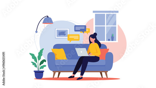 Freelance worker sitting on a comfortable sofa at home while communicating with clients and managing remote projects through her laptop.