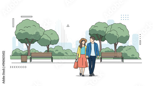 Young couple walking through a city park with green trees and wooden benches while enjoying a peaceful day outside together.