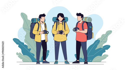 Group of hikers with backpacks and cameras standing in nature while preparing for a photography trip adventure together.