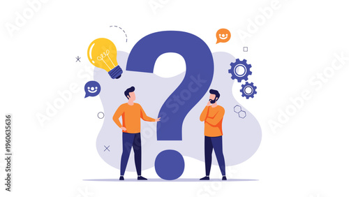Two men discussing a big question mark to solve business problems and find creative solutions through active brainstorming.