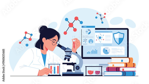 Female scientist working in a laboratory with a microscope and test tubes to conduct medical or chemical research experiments.