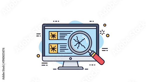 Computer monitor with a magnifying glass examining broken or cracked elements to illustrate software debugging and repair.