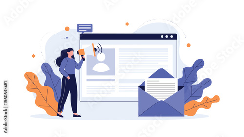 Woman using a megaphone to announce news or job openings on a digital platform with an email icon and profile background.
