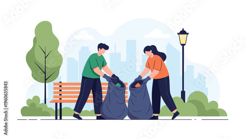 Volunteers collecting trash in black bags at a city park to protect the local environment and maintain urban cleanliness.