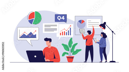 Business team analyzing quarterly financial reports and performance data charts in a modern and professional office environment.