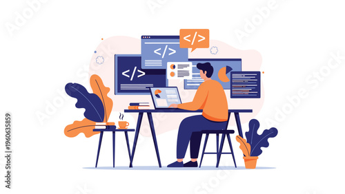 Programmer sitting at a desk with multiple monitors coding software in a professional workspace with modern flat design style.