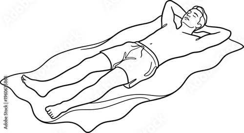 Man Relaxing on Beach Towel Minimal Line Art Summer Vacation Illustration