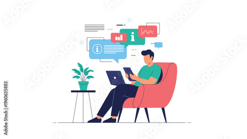 Man sitting in a comfortable chair using a laptop and tablet to analyze various data streams and information bubbles.