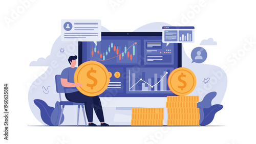 Financial trader monitoring stock market data on a large monitor with stacks of gold coins representing investment growth.