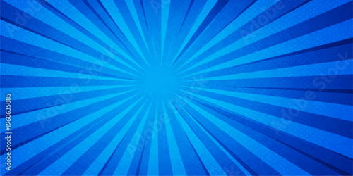 Abstract blue sunburst background design featuring a bright summer sky with glowing light rays and a vector starburst pattern for a creative art backdrop