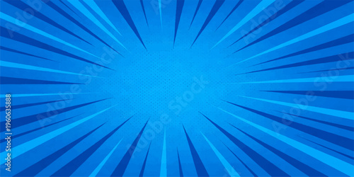 Bright blue sunburst background with light rays and a starburst pattern featuring a glowing summer sky illustration and a vector art design that creates a shine through a burst of beam colors