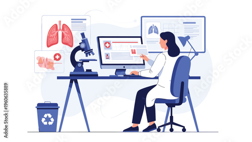 Female doctor analyzing lung medical scans and patient records on a computer in a clinical laboratory setting with microscope.