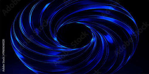 A glowing blue spiral galaxy design featuring a digital motion swirl and light vortex pattern on a black space texture backdrop illustration