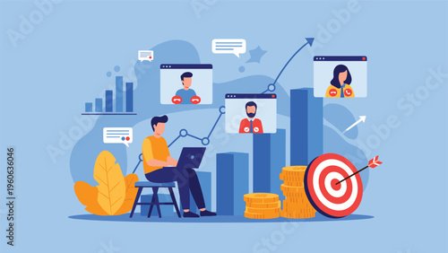 Freelancer working on a laptop with video conference call windows showing remote team members and growth charts.